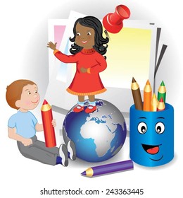 Niños con lápices y globo. Ilustración del vector 