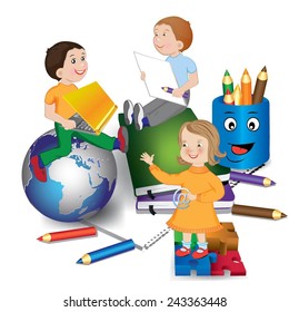 Children with pencils and globe. Vector illustration 