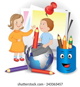 Children with pencils and globe. Vector illustration 