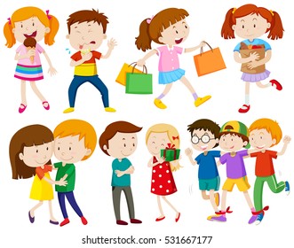 Children and people doing different actions illustration