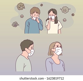 Children and people wearing masks with fine dusty days. hand drawn style vector design illustrations. 