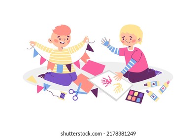 Children perform creative work, flat vector illustration isolated on white background. Creative workshop and art education for kids in kindergarten and school.