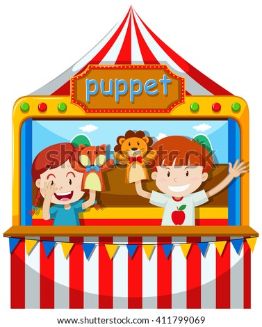 Children perform puppet show on stage illustration