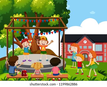 Children perform puppet show at school illustration