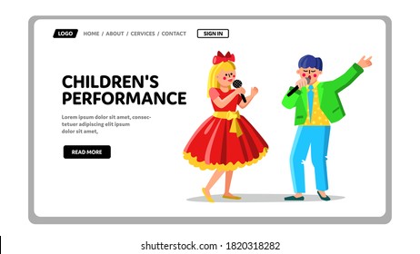 Children Performance Song In Microphone Vector. Teenagers Boy And Girl Couple Children Performance In Karaoke. Characters Singers Team Singing Together Web Flat Cartoon Illustration