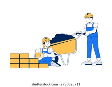Crianças realizando trabalhos de construção em condições adversas personagens de desenhos animados 2D. Trabalhadores de crianças cansadas empurrando carrinho de mão, colocando tijolos plana vetor pessoas isoladas no branco. Ilustração de ponto colorida