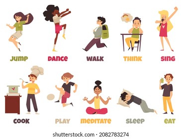 Children performing different actions set for learning English verbs, flat vector illustration isolated on white background. Actions vocabulary worksheet.