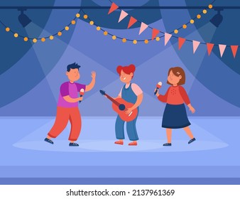 Children performing on stage during school talent show. Girl playing guitar, theater kids singing flat vector illustration. Music, childhood, performance concept for banner or landing web page