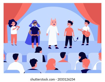 Children performing on stage in front of audience. Flat vector illustration. Kids playing in costumes of devil, superhero, pig and musicians. Matinee, theater, school, education concept