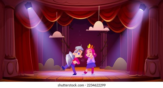 Niños actuando en el teatro. Dibujo vectorial de niños y niñas con disfraces de caballero y princesa jugando roles en la escena escolar con cortinas rojas iluminadas con vigas de luz