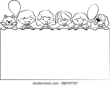 children and pet and balloons with blank card