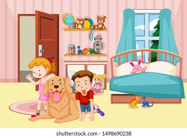 Children and pet dog in bedroom illustration