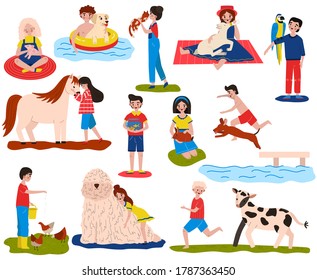 Children pet vector illustration set. Cartoon flat happy owner child characters play with dog, hug, feed and care own puppy cat pig chicken horse animals, kids love best friend pets isolated on white