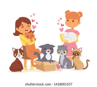 Children with pets adopt friendship concept poster vector illustration. Friendly shelter domestic little animals and their best friends banner. Cute kids love girls cat adoption flyer.