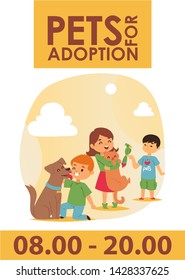 Children with pets adopt friendship poster vector illustration. Friendly shelter domestic little animals playful their best friends banner. Poster with kids play puppies. Love child dog cat adoption.
