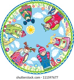 Children and pets. Bright round composition with children and pets on the nature.