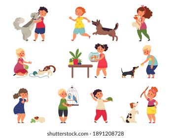 Children and pets characters. Cartoon friends, happy kids hugging animal. Child play petting care, isolated dog cat owners decent vector set