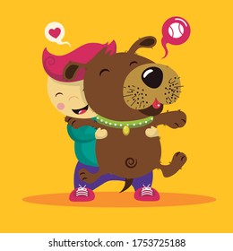 Children and pets. Child lovingly embraces his pet dog. Little dog licking boy's cheek. Best friends. Cartoon vector clip art illustration on yellow background.