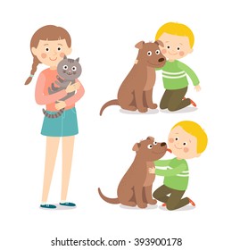 Children and pets. Child lovingly embraces his pet dog. Little dog licking boy's cheek. Teenage girl with her cat. Best friends. Cartoon vector clip art illustration on white background.