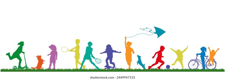 Children and pets colorful silhouettes on white background. Little girls and boys playing outdoor. Vector illustration.	
