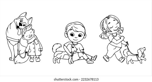 Children with pets. Coloring book Loyal friends. Fluffy animals in cartoon style. Vector illustration isolated on white background.