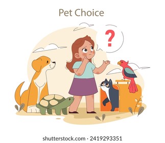Children and Pets concept. A young girl considers various animals, pondering her choice of a pet. Decision-making in a child's life. Flat vector illustration