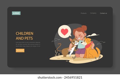 Children and Pets dark or night mode web, landing. Joyful interactions with domestic animals. Love and friendship between a girl, her cat and dog. Emotional bonding. Flat vector illustration