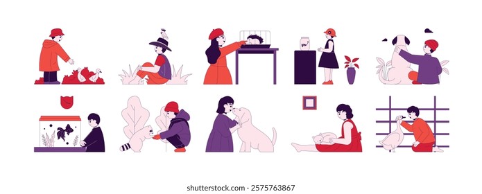 Children and pets enjoy time together happily, closeness is seen from good interaction, vector illustration.