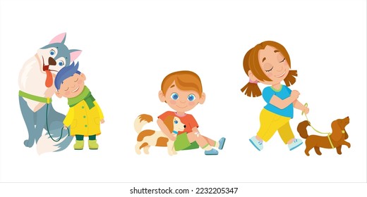 Children with pets. Loyal friends. Fluffy animals in cartoon style. Vector illustration isolated on white background.