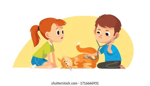 Children and pets. Children is playing doctors with cat. Boy examining cat with stethoscope.