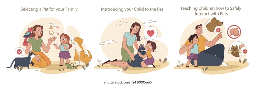 Children and Pets set. Choosing the right animal companion for kids. Introducing youngsters to furry friends. Guidance on interacting safely with pets.