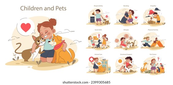 Niños y mascotas. Explorar responsabilidades y alegrías de la propiedad de mascotas. Niños desarrollando empatía, habilidades sociales y físicas. Atención animal y apoyo emocional. Ilustración vectorial plana