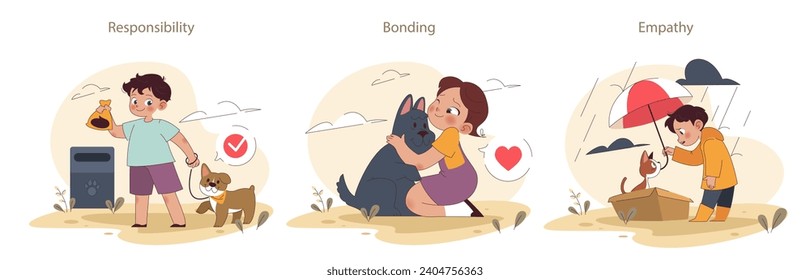 Children and pets set. Exploring responsibilities and joys of pet ownership. Kids developing empathy, social and physical skills. Animal care and emotional support. Flat vector illustration