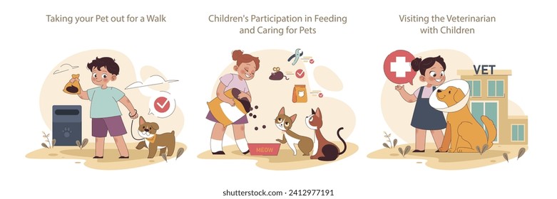 Children and Pets set. Walk routines and waste disposal. Kids learning to feed and nurture animals. First vet visit experiences.