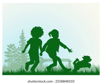 Children and pets silhouettes. Little boy and girl playing with pet outdoor. Vector illustration.	