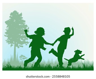 Children and pets silhouettes. Little boy and girl playing with pet outdoor. Vector illustration.	
