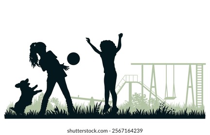 Children and pets silhouettes. Little boy and girl playing with pet on playground. Vector illustration.