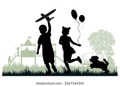 Children and pets silhouettes. Little boy and girl playing with pet on playground. Vector illustration.