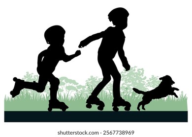 Children and pets silhouettes. Little boy and girl on roller skates playing with pet. Vector illustration.	
