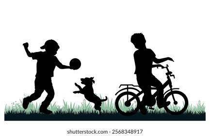 Children and pets silhouettes. Little boys on on a bicycle playing with a pet. Vector illustration.