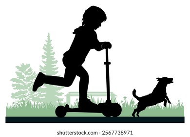 Children and pets silhouettes. Little girl on a scooter playing with  a pet. Vector illustration.	