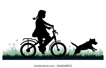 Children and pets silhouettes. Little girl on on a bicycle playing with a pet. Vector illustration.