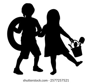 Children and pets silhouettes. Little girl and boy going to the beach. Vector illustration.