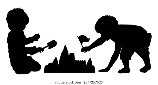 Children and pets silhouettes. Little girl and boy playing on the shore sand. Vector illustration.