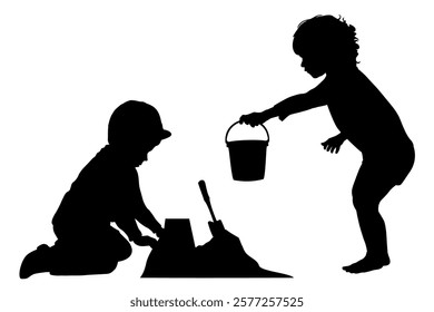 Children and pets silhouettes. Little girl and boy playing on the shore sand. Vector illustration.