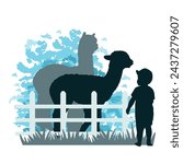 Children and pets silhouettes on white background. Little boy with llamas  behind the fence. Vector illustration.