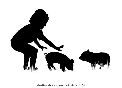 Children and pets silhouettes on white background. Little girl playing with piglets . Vector illustration.