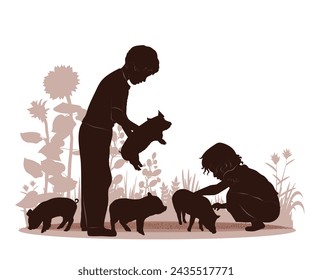 Children and pets silhouettes on white background. Little boy and girl playing with piglets . Vector illustration.