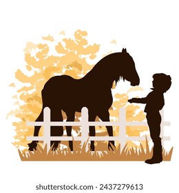 Children and pets silhouettes on white background. Little girl with horses  behind the fence. Vector illustration.	