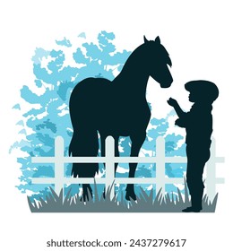 Children and pets silhouettes on white background. Little boy with horses  behind the fence. Vector illustration.